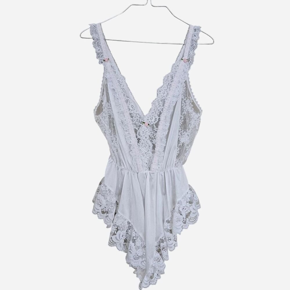 vintage coquette bridal white lace pink flower teddy lingerie tosca